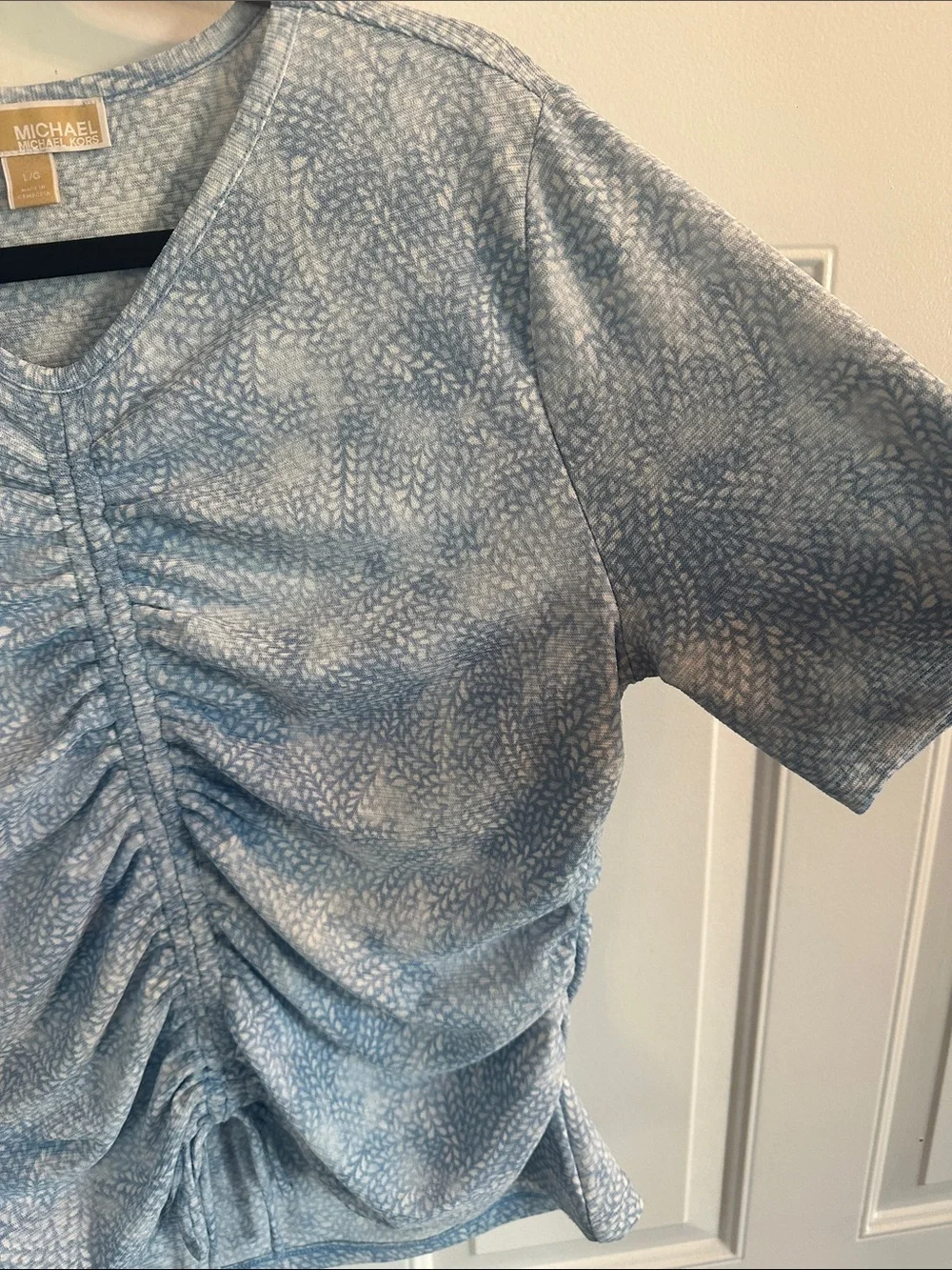 Michael Kors Sky Blue Ruched V-Neck Short Sleeve Tee